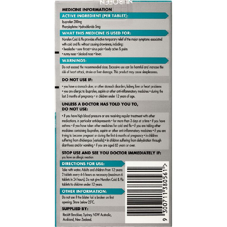 Nurofen Cold & Flu PE Tablets 24s - LIMIT OF 2 PER CUSTOMER, , hi-res