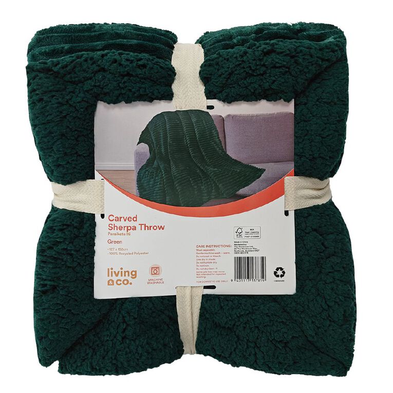 Living & Co Carved Sherpa Throw Green 127cm x 152cm, Green, hi-res