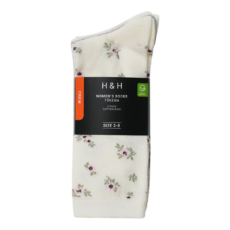 H&H Women's Crew Jaquard Socks 5 Pack, Cream, hi-res