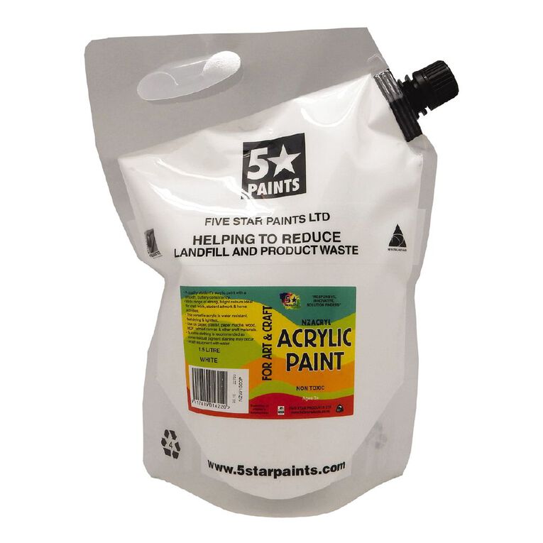 Fivestar Acrylic Paint White 1.5 litre Pouch, , hi-res