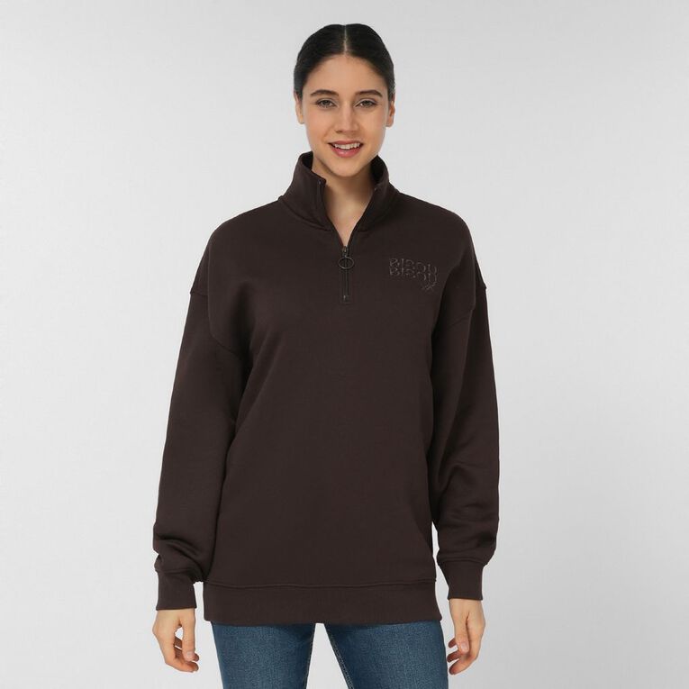 H&H Women's Long Sleeve Oversized BF 1/4 Zip, Brown Dark, hi-res