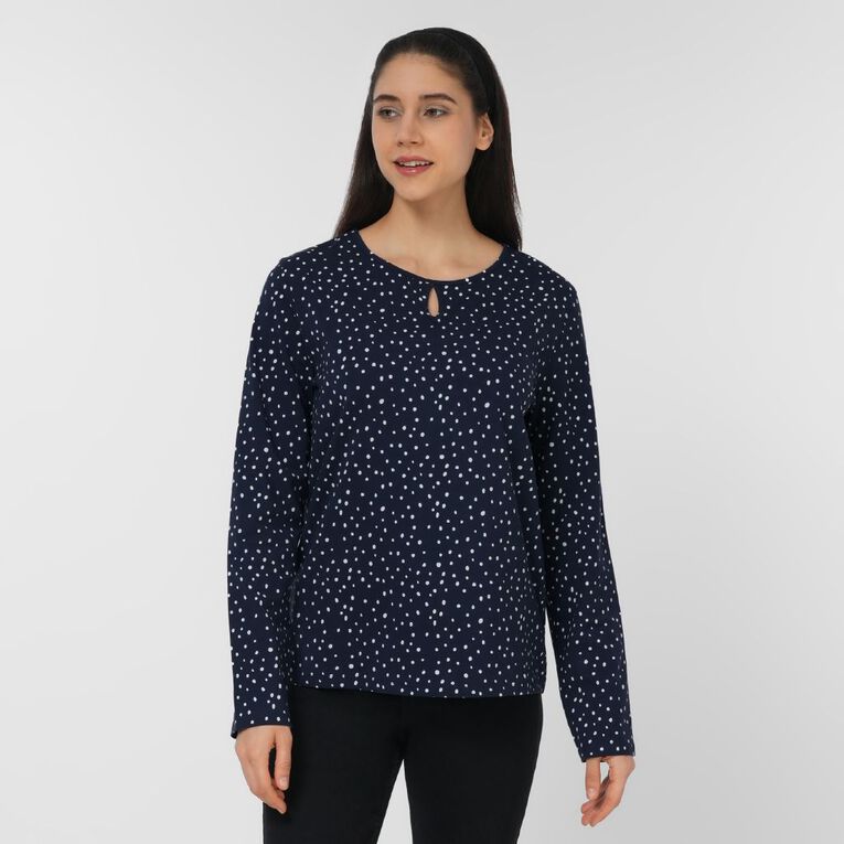 H&H Women's Long Sleeve Keyhole Print Top, Navy, hi-res