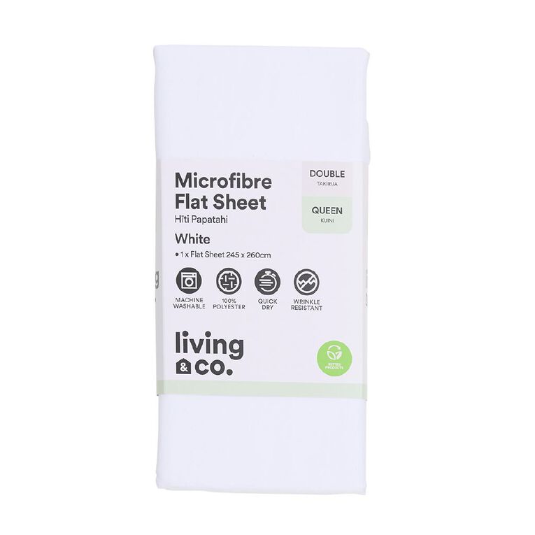 Living & Co Flat Microfibre Sheet Double/ Queen White One Size, , hi-res