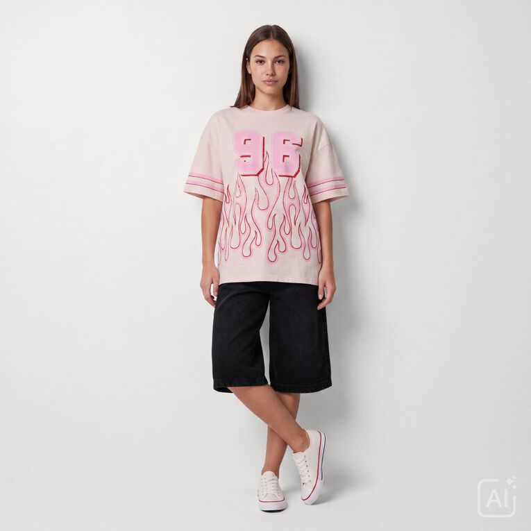 Garage Women's Short Sleeve Flame Printed Cotton Tee, Pink, hi-res