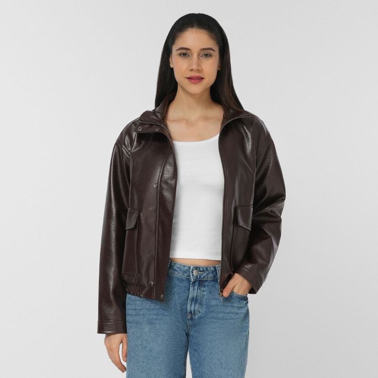 H&H Women's Women's PU Funnel Neck Bomber Jacket, Brown Dark, hi-res