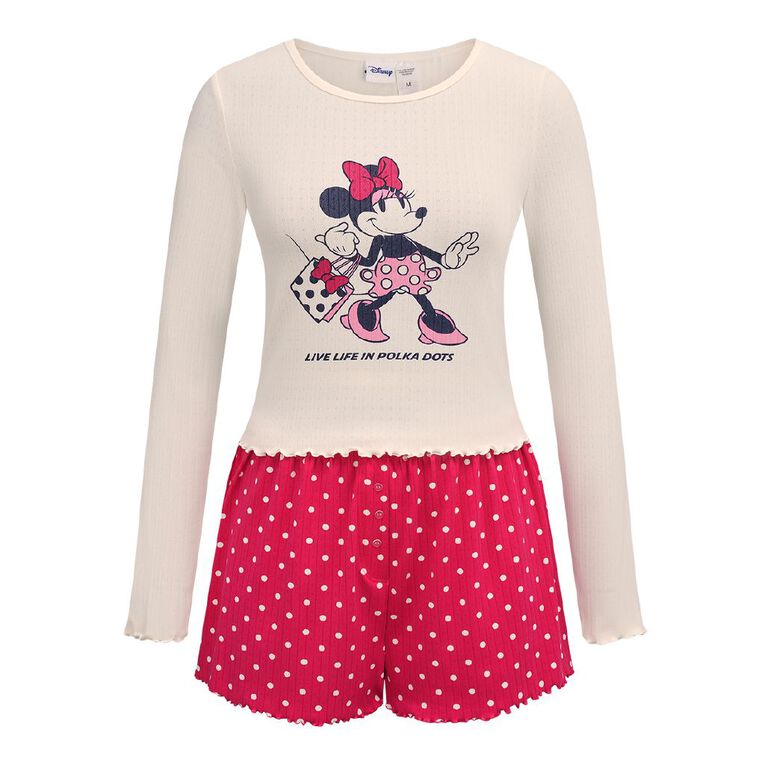 Minnie Mouse Pointelle Long Sleeved Top and Short Pyjama Set, Pink Dark, hi-res