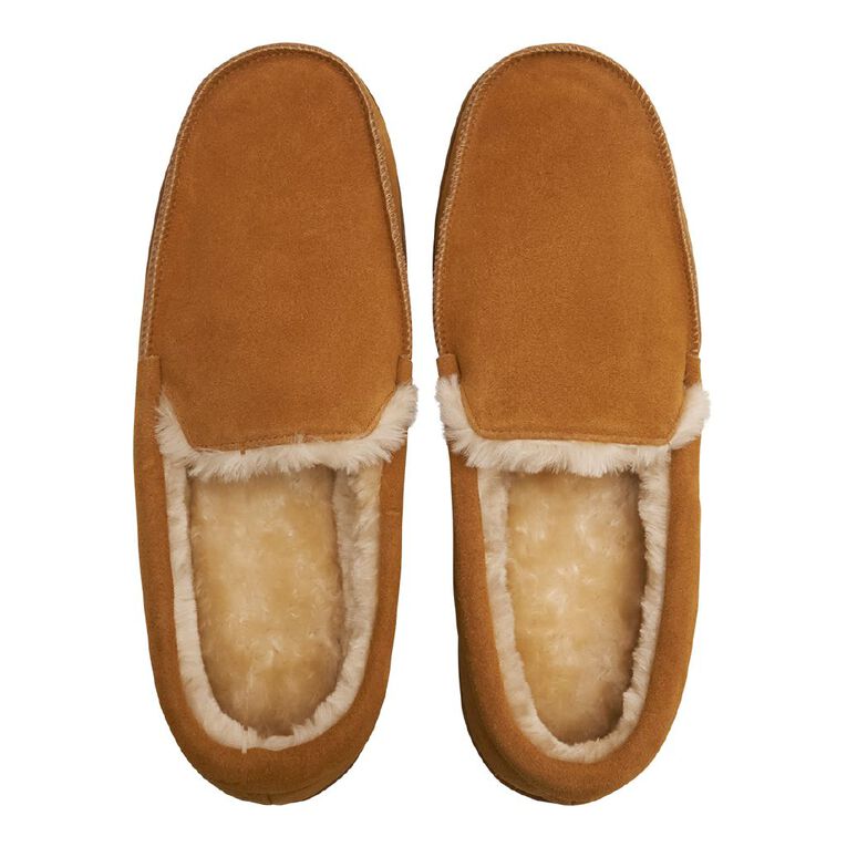 H&H Men's Leroy Leather Moccasin Slippers, Tan, hi-res