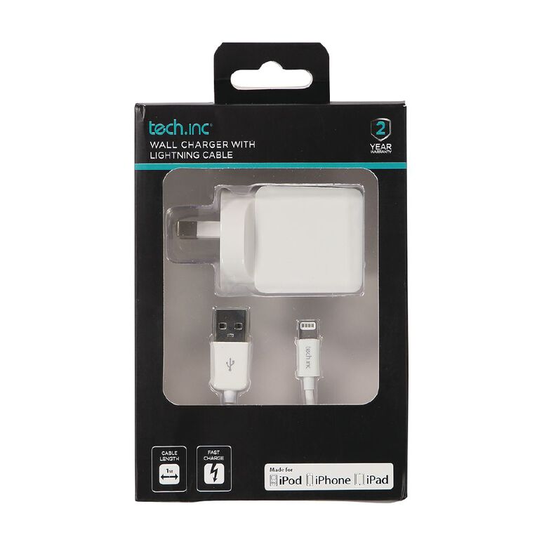 Tech.Inc 2.4A Wall Charger with Lightning Cable 1M White, , hi-res