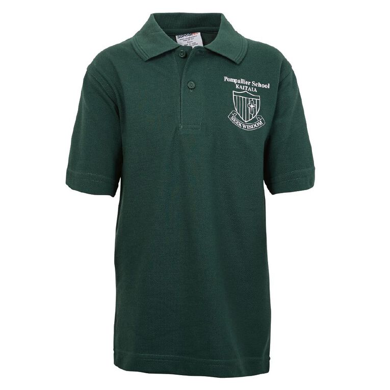 Schooltex Pompallier Short Sleeve Polo with Transfer, Bottle Green, hi-res