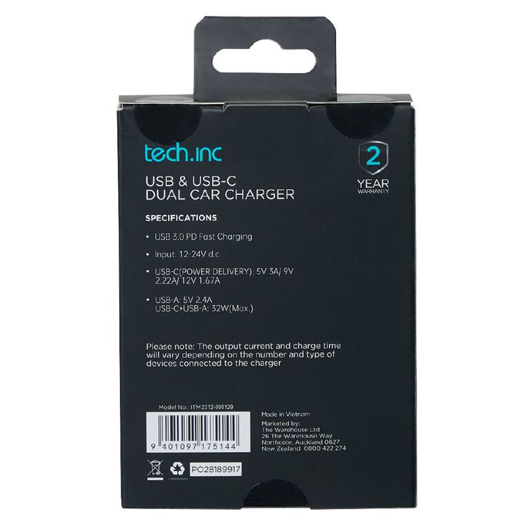 Tech.Inc USB-C + A 32W PD Dual Car Charger White, , hi-res