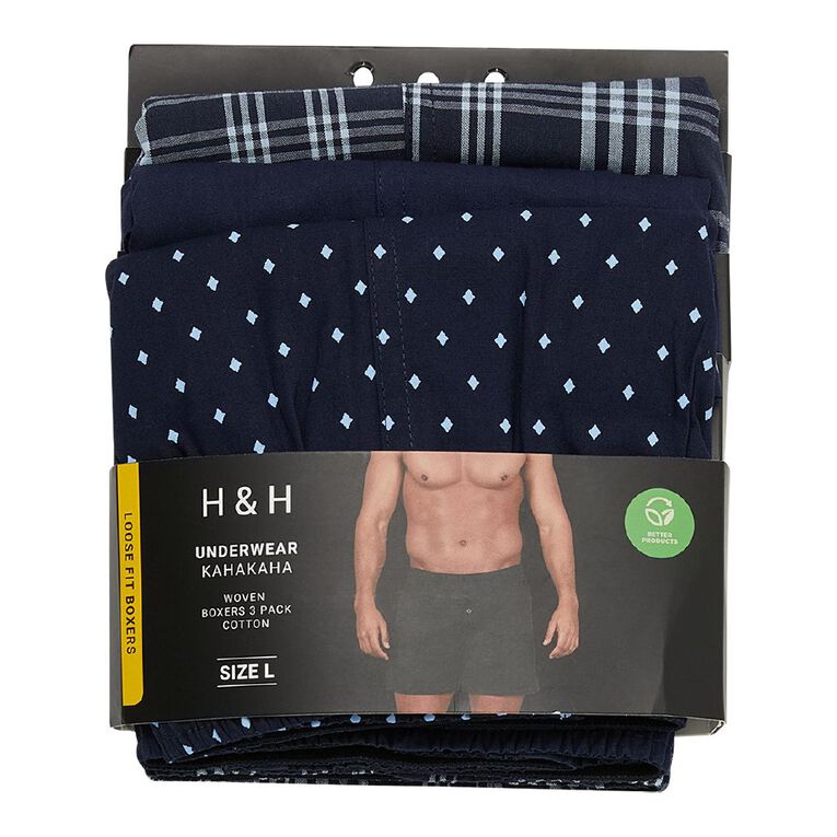 H&H Men's Woven Boxers 3 Pack, Blue Dark, hi-res