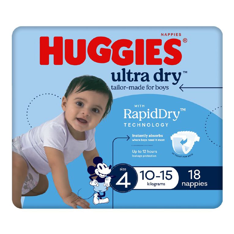 Huggies Boys' Convenience Nappy Toddler Size 4 10-15kg 18 Pack, , hi-res