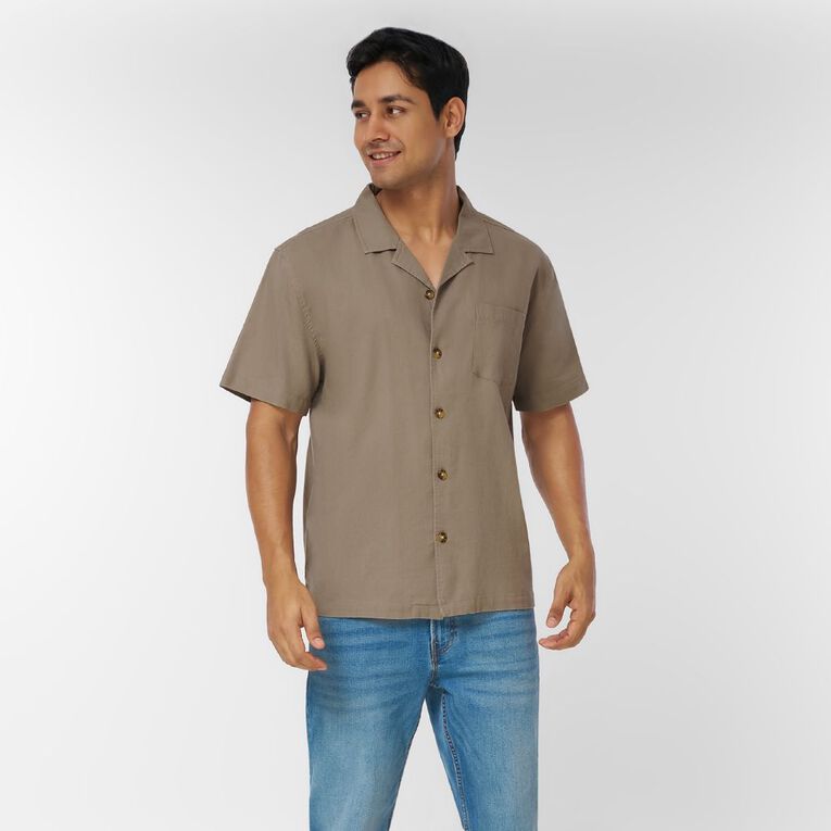 H&H Men's Short Sleeve Cotton Linen Shirt, Brown Mid, hi-res
