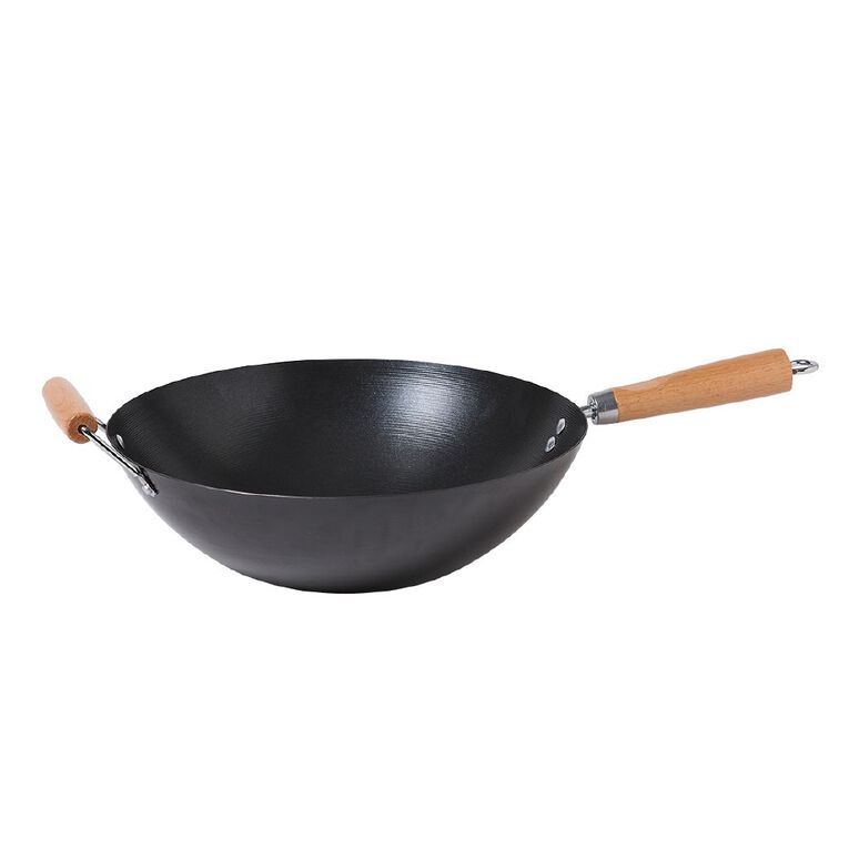 Living & Co Non Stick Wok with Wooden Handle Black 35cm, , hi-res