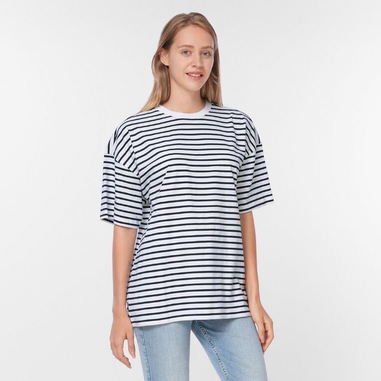 H&H Women's Oversized Boyfriend Stripe Tee, Navy/White, hi-res