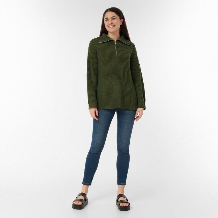H&H Women's Quarter Zip Rib Knit Jumper, Green Dark, hi-res
