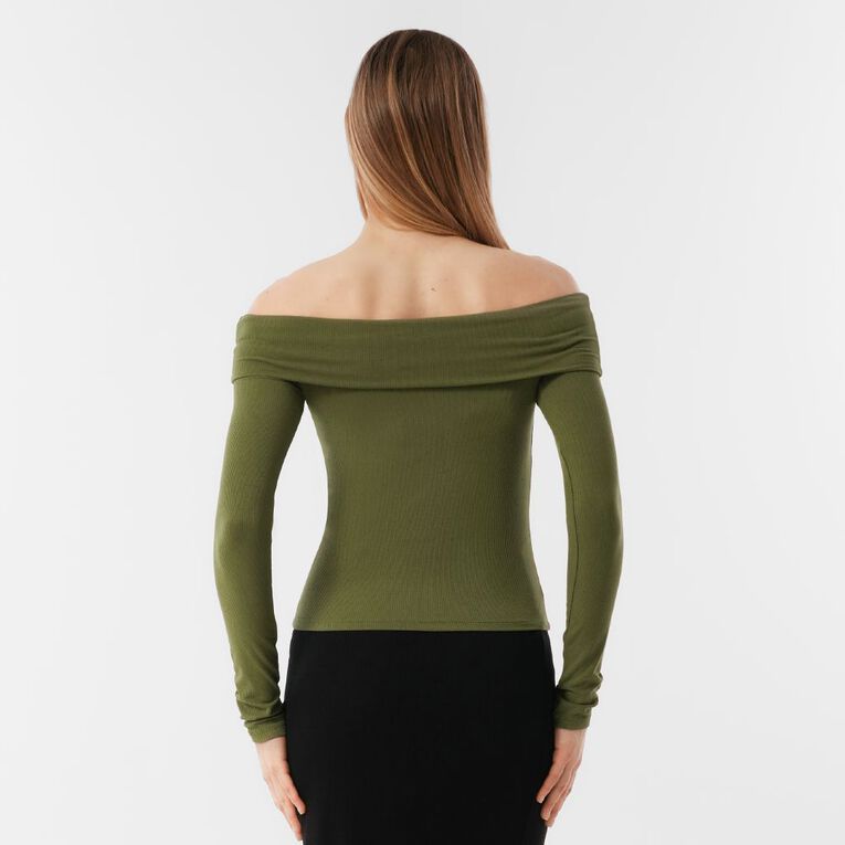 H&H Women's Long Sleeve Rib Bardot, Green Mid, hi-res