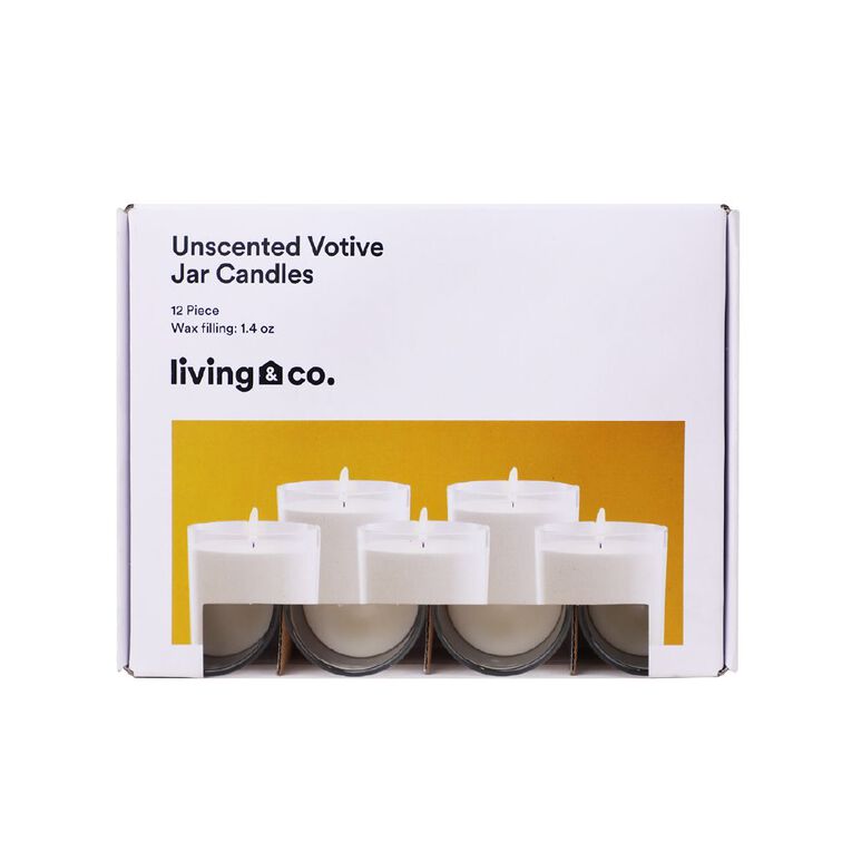 Living & Co Unscented Votive Jar Candles 1.4oz 12 Pack White, , hi-res