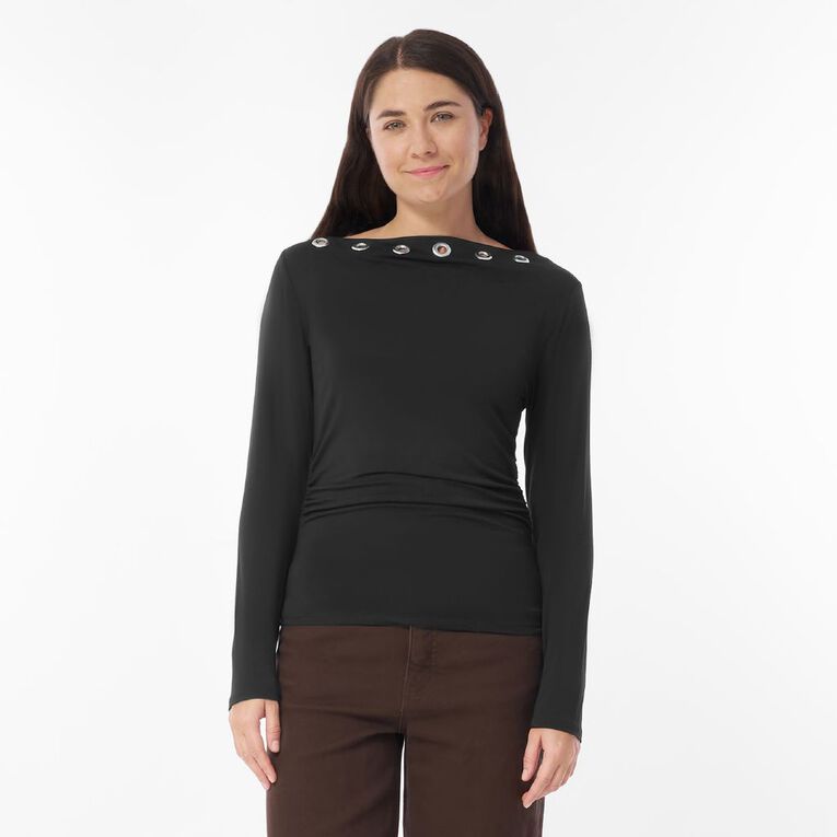 H&H Women's Long Sleeve Large Eyelet Ruched Top, Black, hi-res