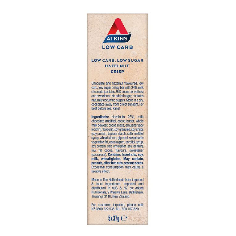 Atkins Hazelnut Crisp Bar 37g 5 Pack, , hi-res