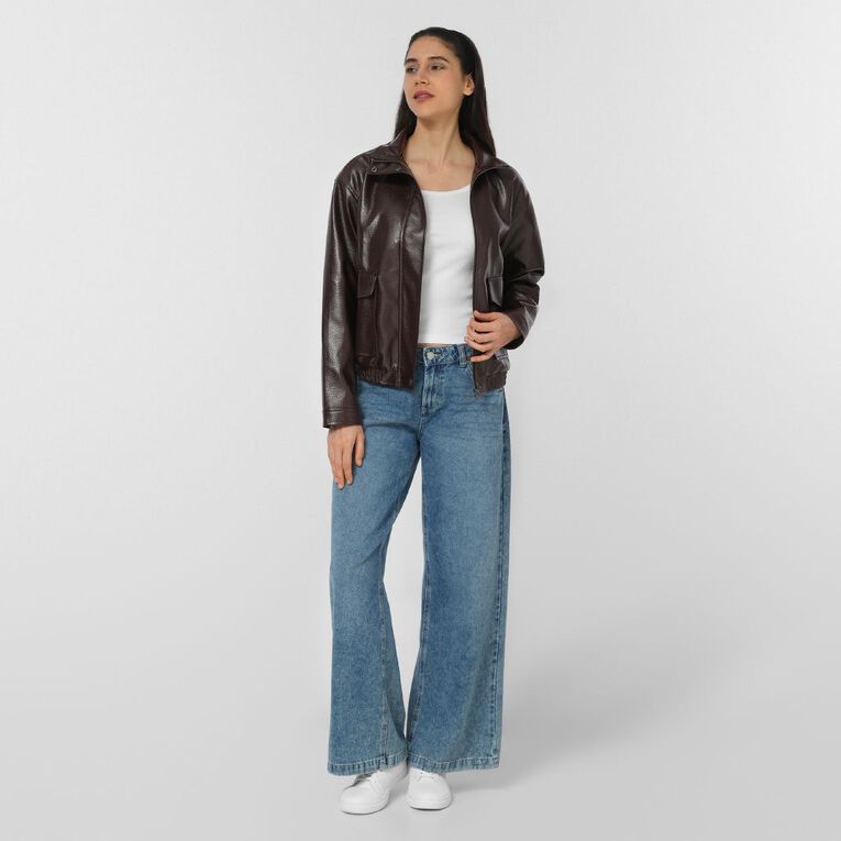 H&H Women's Women's PU Funnel Neck Bomber Jacket, Brown Dark, hi-res