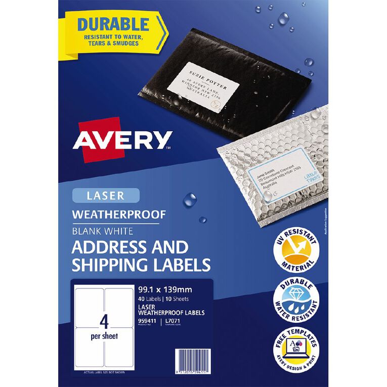 Avery Laser Weatherproof Shipping Labels 40 Labels White 99.1mm x 139mm, , hi-res