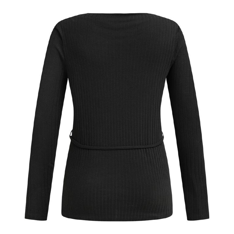 H&H Women's Long Sleeve Ribbed Tie Waist Top, Black, hi-res