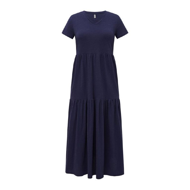 H&H Women's Cotton Slub Tier Midi Dress, Navy, hi-res