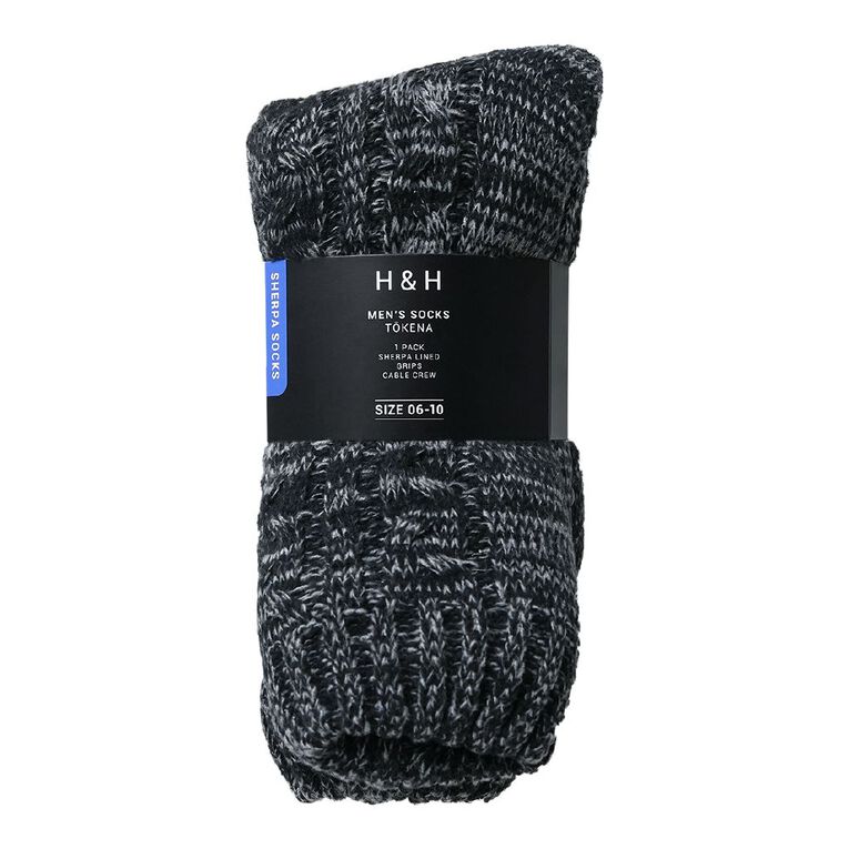 H&H Men's Cable Sherpa Crew Socks 1 Pack, Black/Grey, hi-res