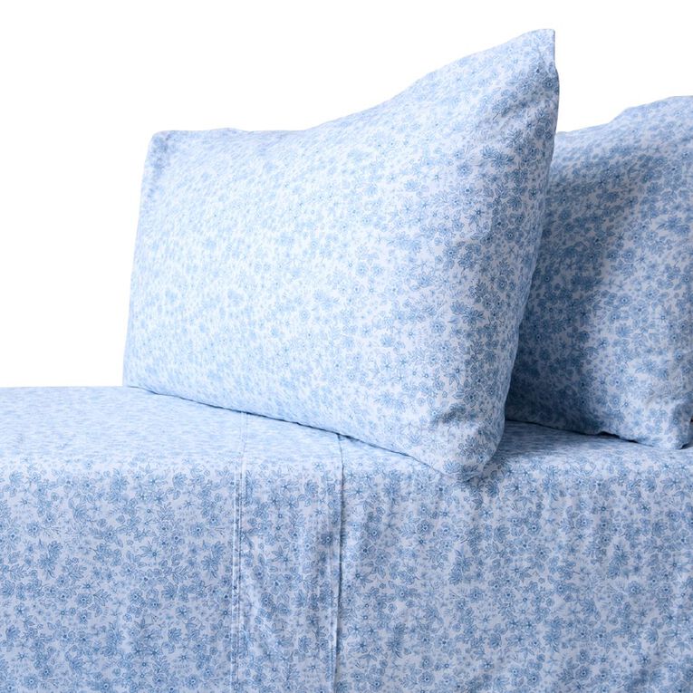 Living & Co 100% Printed Washed Cotton Sheet Set Blue Super King, Blue, hi-res