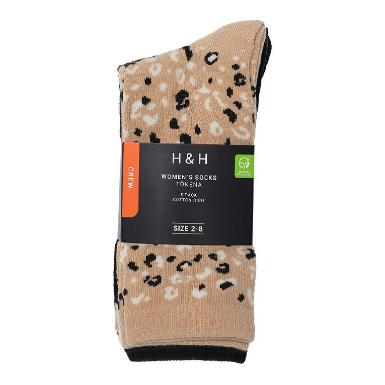 H&H Women's Crew Jacquard Socks 5 Pack, Beige, hi-res