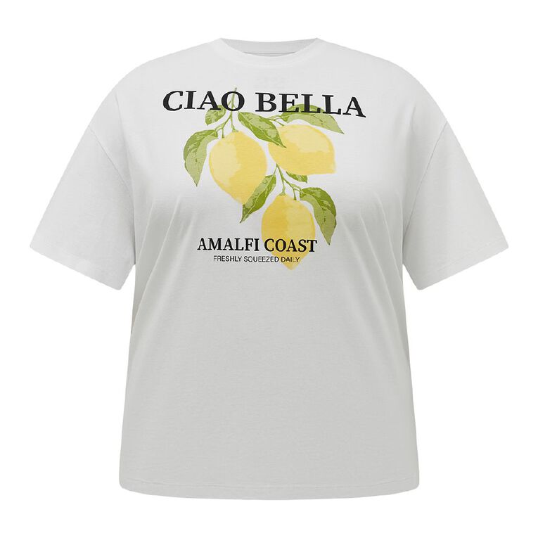 H&H Women's Plus Short Sleeve Boyfriend Print Tee, White, hi-res