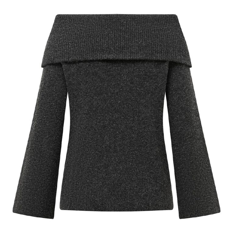 H&H Women's Long Sleeve Off Shoulder Knit Jumper, Charcoal/Marle, hi-res