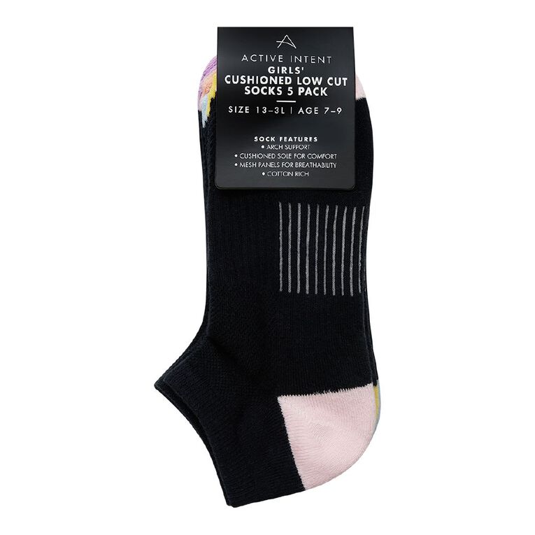Active Intent Girls' Cushioned Low Cut Socks 5 Pack, Black, hi-res
