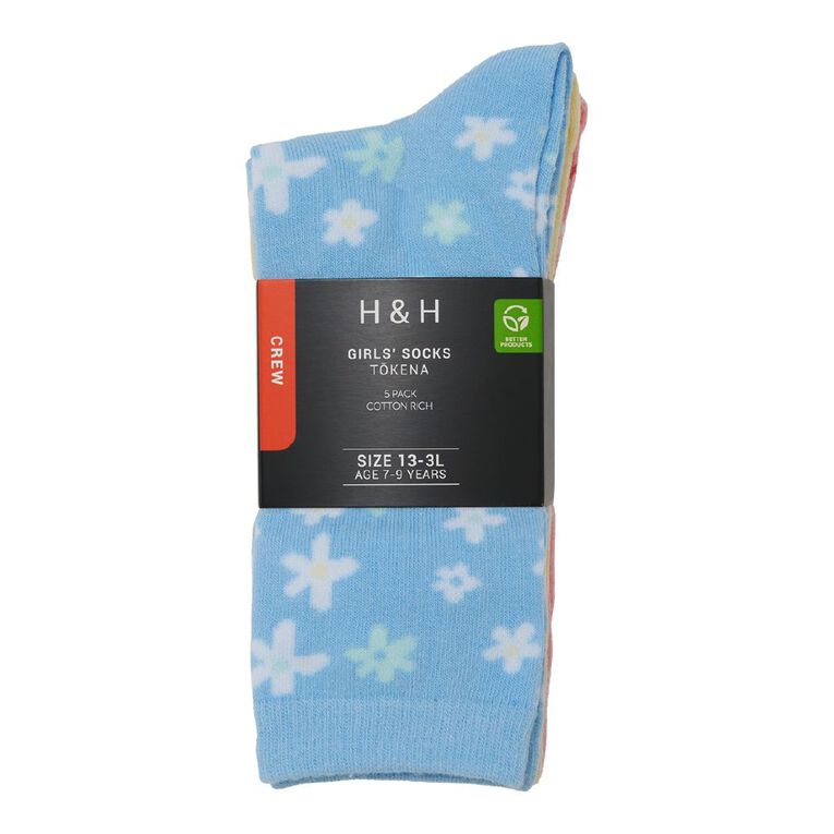 H&H Girls' Jacquard Crew Socks 5 Pack, Blue Light, hi-res