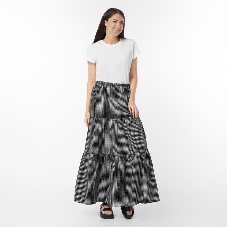 H&H Women's Seersucker Tiered Maxi Skirt, Black/White, hi-res