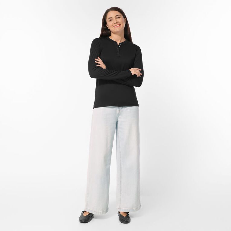 H&H Women's Comfy Henley Pyjama Top, Black, hi-res