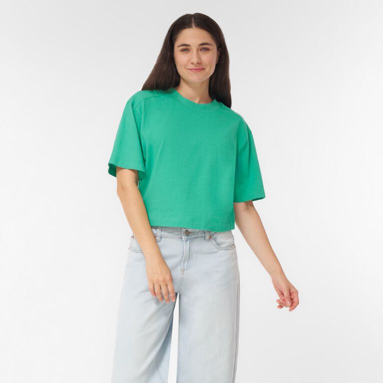 H&H Women's Cropped Boxy Tee, Green Mid, hi-res