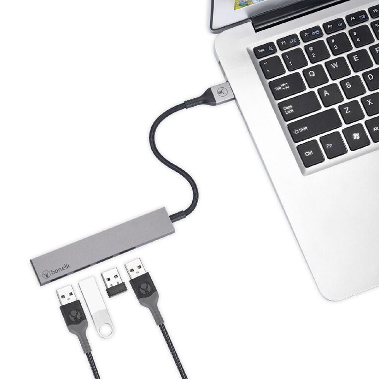 Bonelk Long Life USB A to 4 Port USB 3.0 Slim Hub Space Grey Grey, , hi-res
