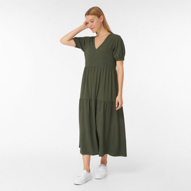H&H Womens' Short Sleeves Puff V-Neck Tiered Midi, Green Dark, hi-res
