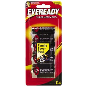 Eveready Super Heavy Duty Batteries D 4 Pack