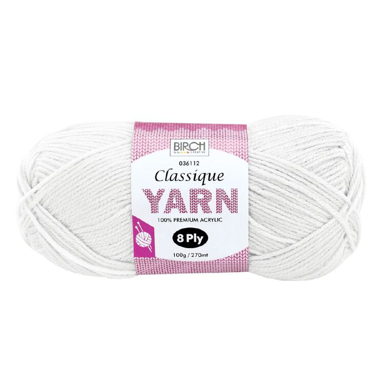 Birch Classique Yarn 100% Premium Acrylic 100g Ball 8 Ply White, , hi-res