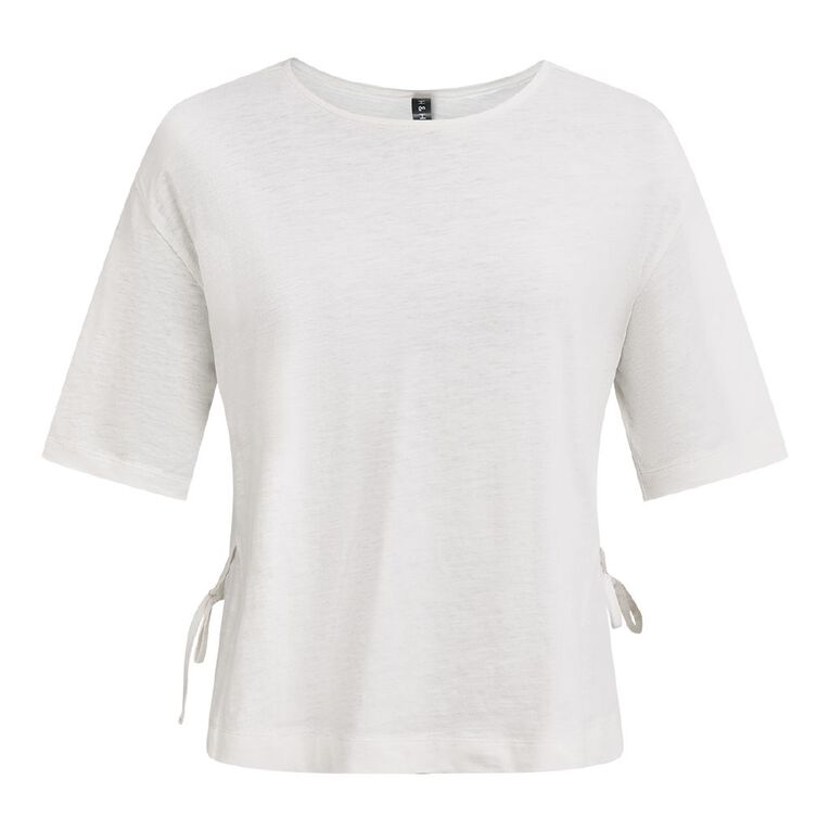 H&H Women's Short Sleeve Slub Cotton Tie Waist Tee, Cream, hi-res