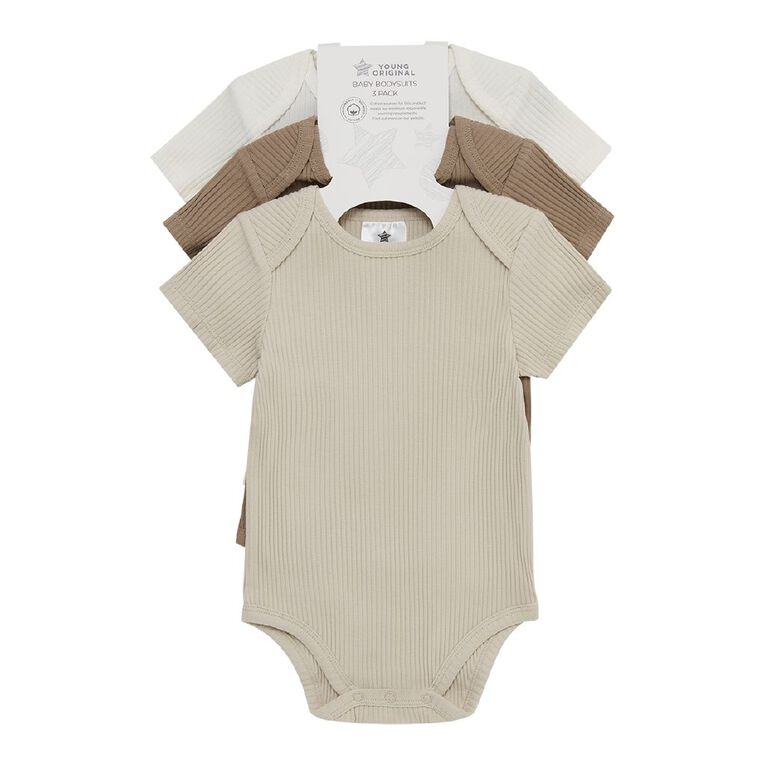 Young Original Babies' Short Sleeve Rib Bodysuit 3 Pack, Brown Light, hi-res