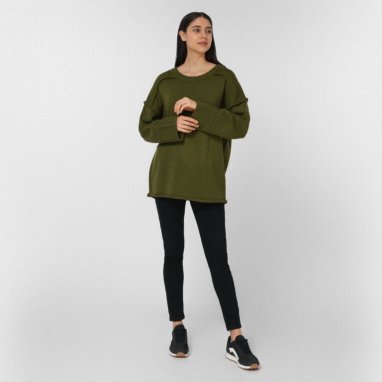 H&H Women's Long Chunky Knit With Contrast Stitch, Green Mid, hi-res