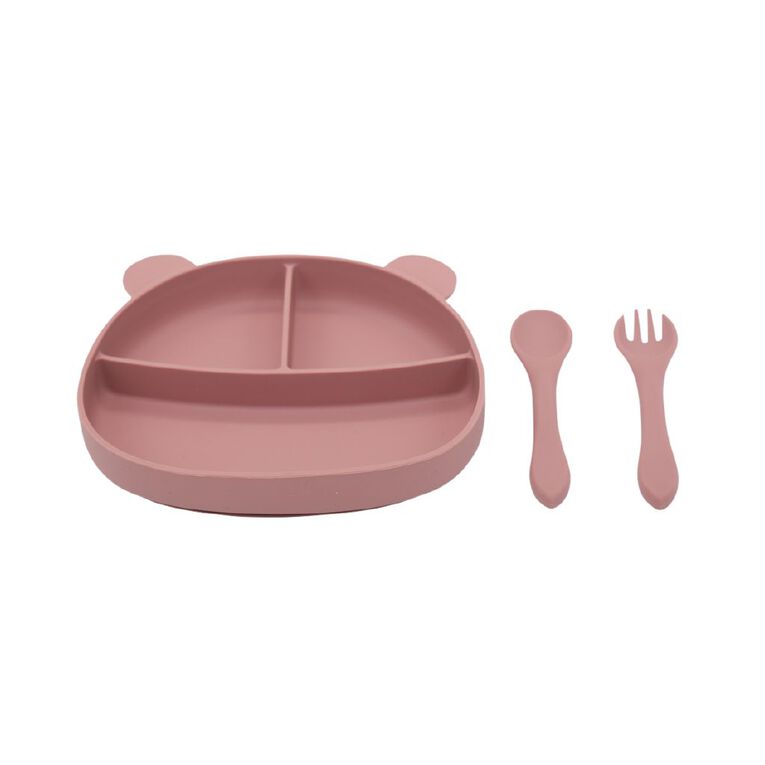 Babywise Silicone Plate And Cutlery Set Bear Pink, , hi-res