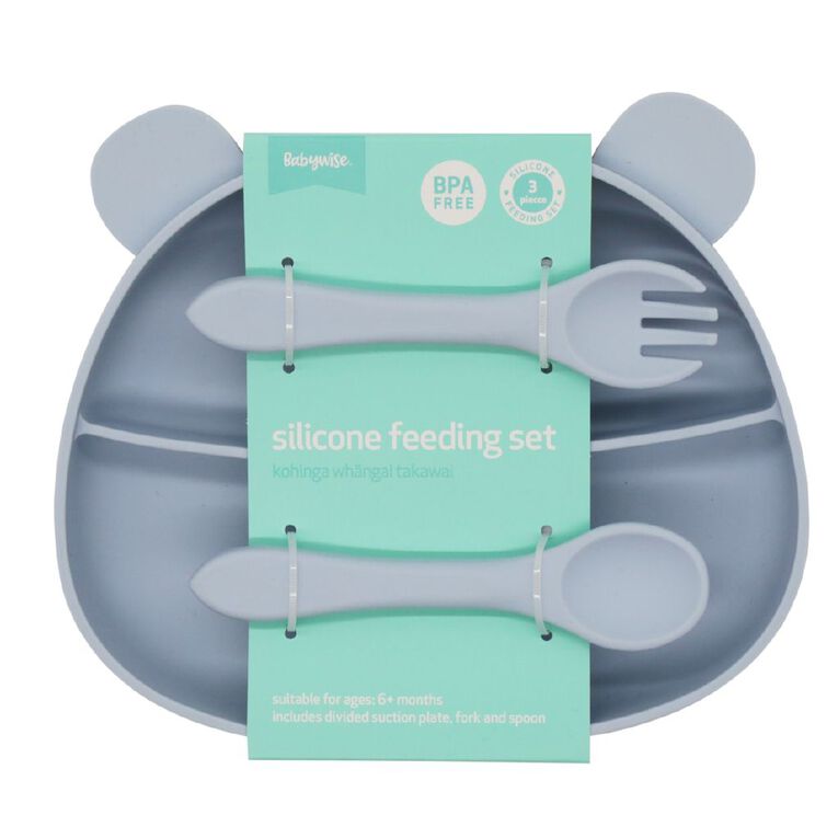 Babywise Silicone Plate And Cutlery Set Bear Blue, , hi-res