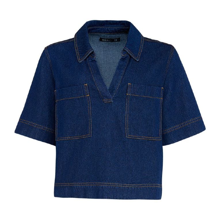 H&H Women's Short Sleeve Denim Popover Top, Denim, hi-res