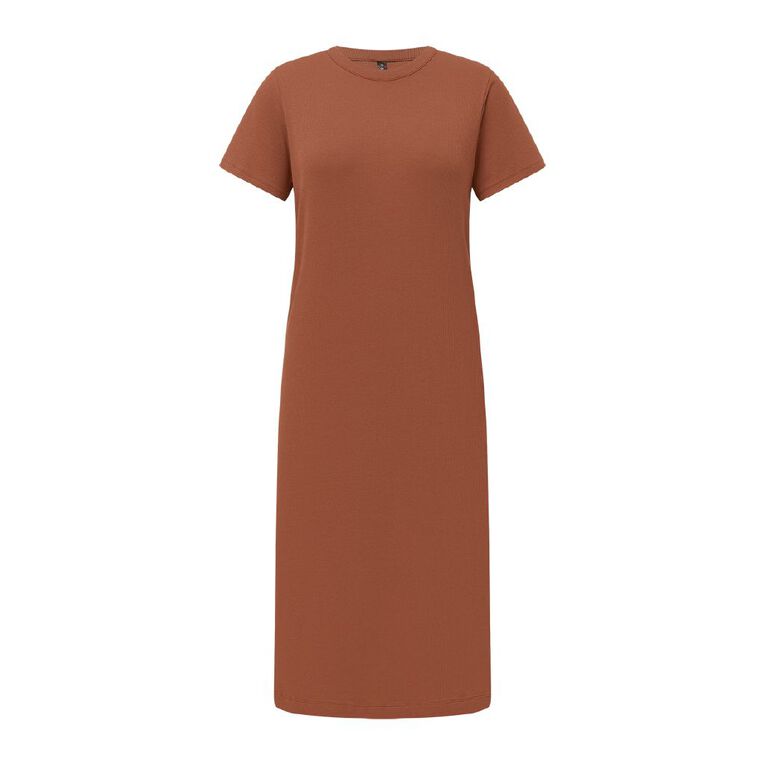 H&H Women's Short Sleeve Rib Tee Dress Midi, Brown Light, hi-res