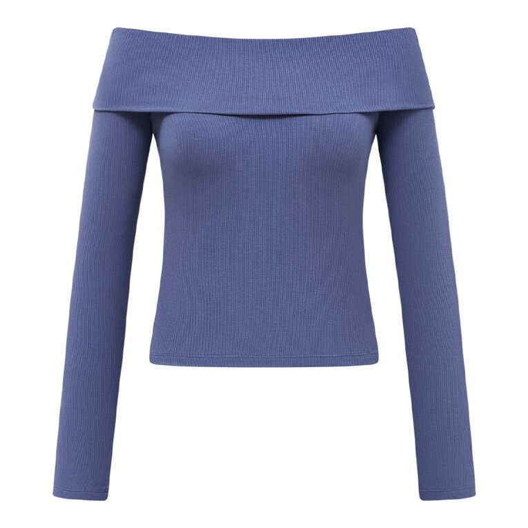 H&H Women's Long Sleeve Rib Bardot, Blue Mid, hi-res